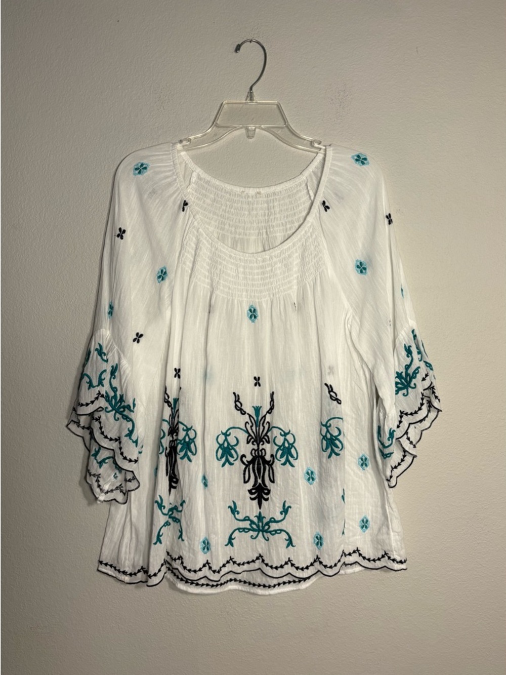 Boho Embroidered Bell Sleeve Blouse White Turquoise Ornate Peasant Top M